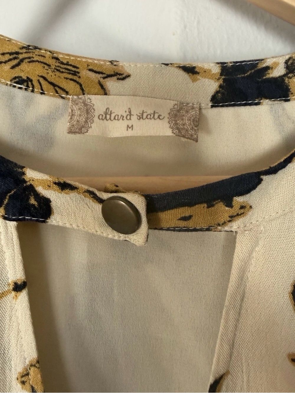 Altar'd State Oatmeal Floral Button-Top with Lace Navy and Mustard Accents Boho - Picture 5 of 6